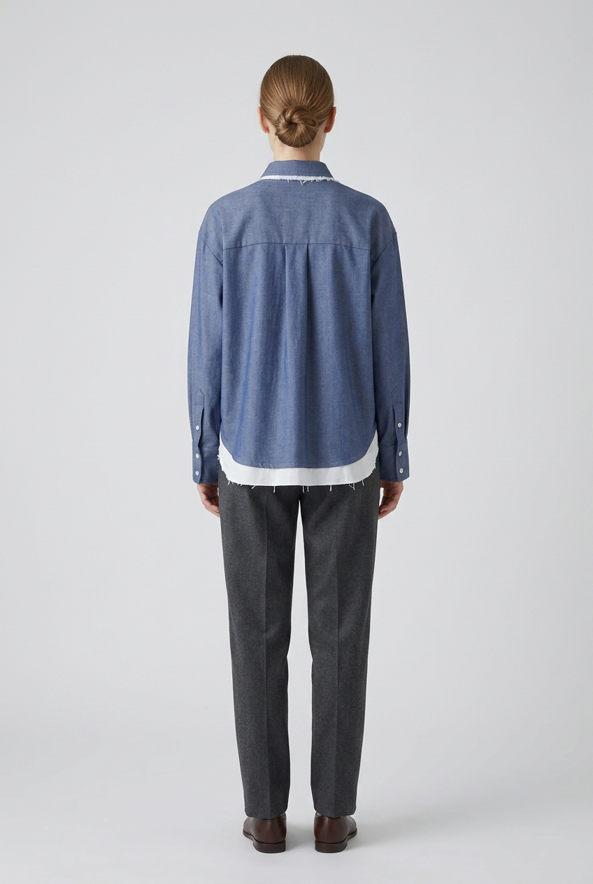 Devon | Layered-Hem Chambray Shirt — Indigo (back)