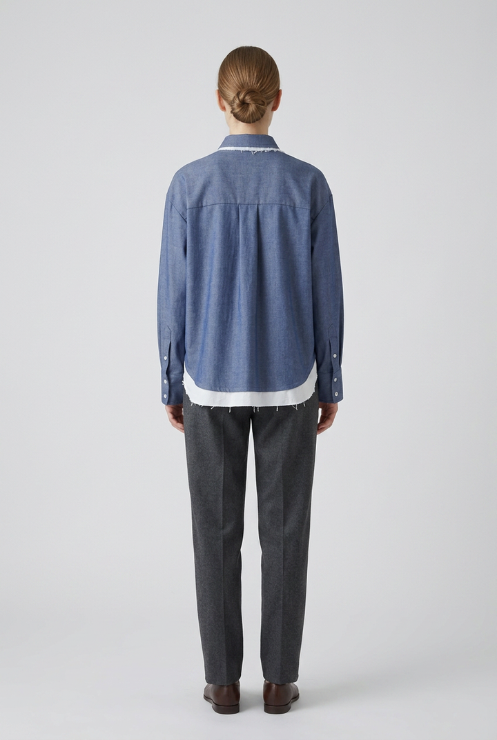 Devon | Layered-Hem Chambray Shirt — Indigo (back)