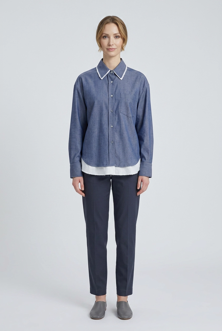 Devon | Layered-Hem Chambray Shirt — Indigo (front)