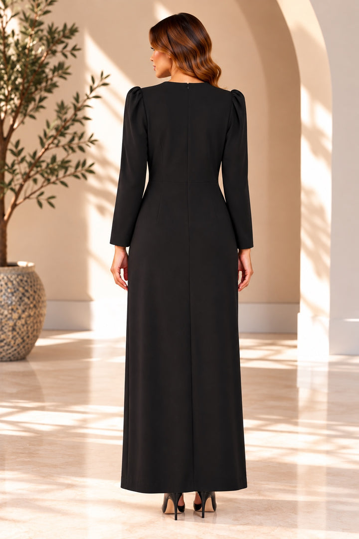 Renata | Crepe Draped Crystal Evening Dress — Black (back)