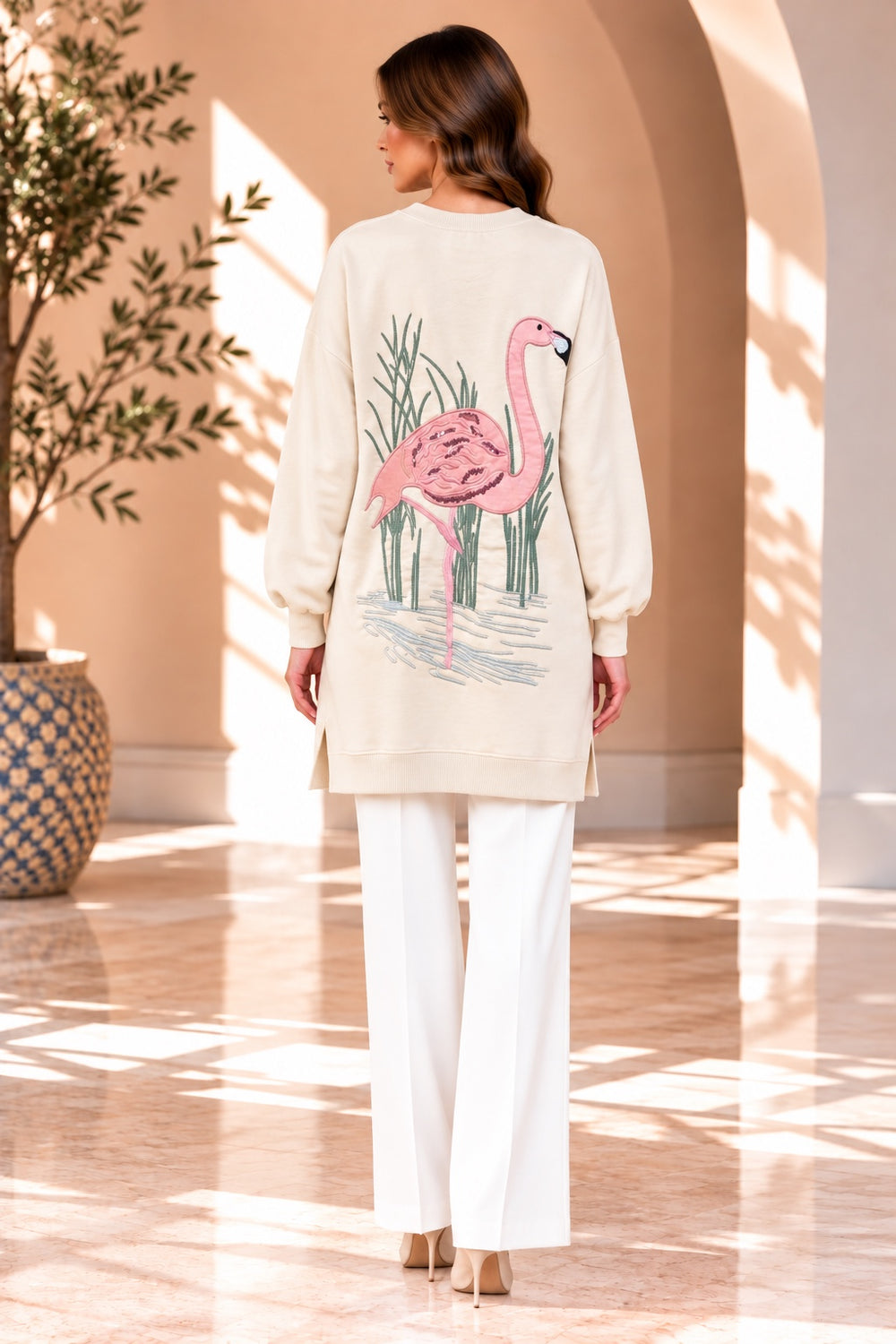Phoenix | Flamingo Embroidered Tunic — Beige (back)