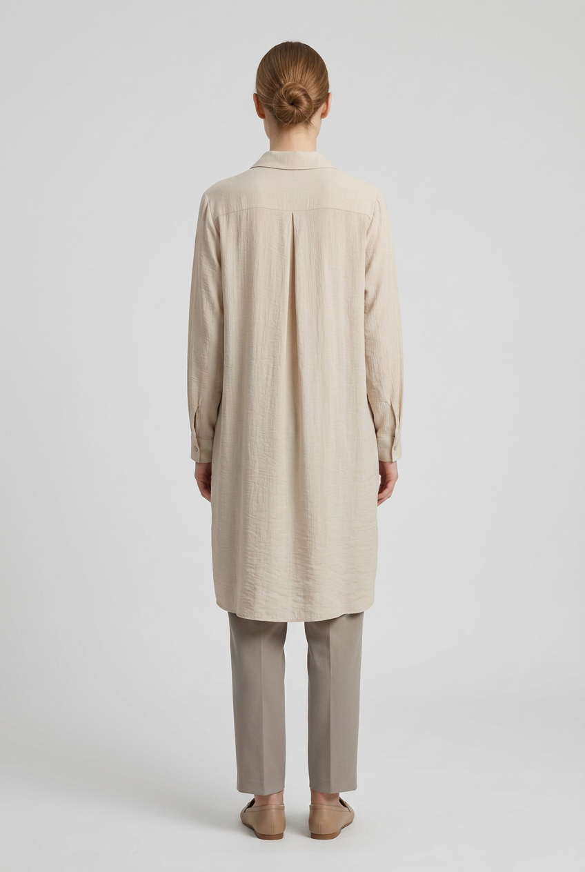 Oat | Crinkle Button-Front Tunic — Beige (back)