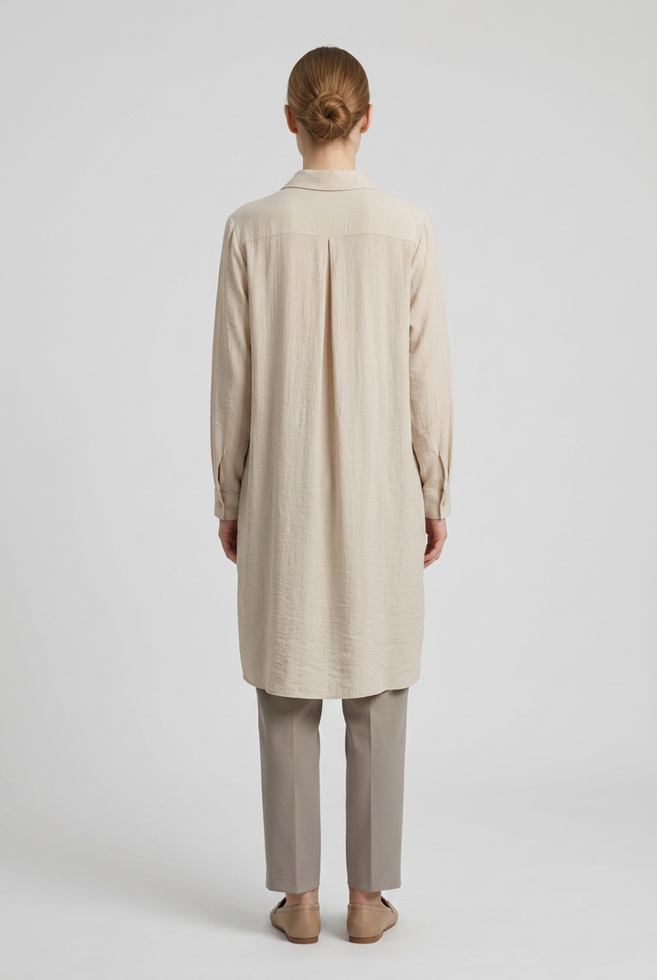 Oat | Crinkle Button-Front Tunic — Beige (back)