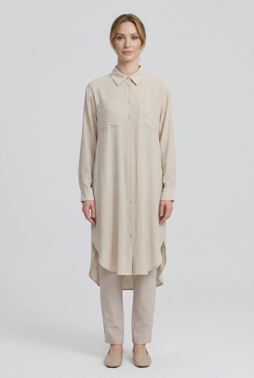 Oat | Crinkle Button-Front Tunic — Beige (front)