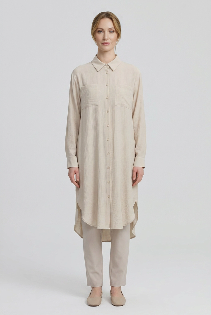 Oat | Crinkle Button-Front Tunic — Beige (front)