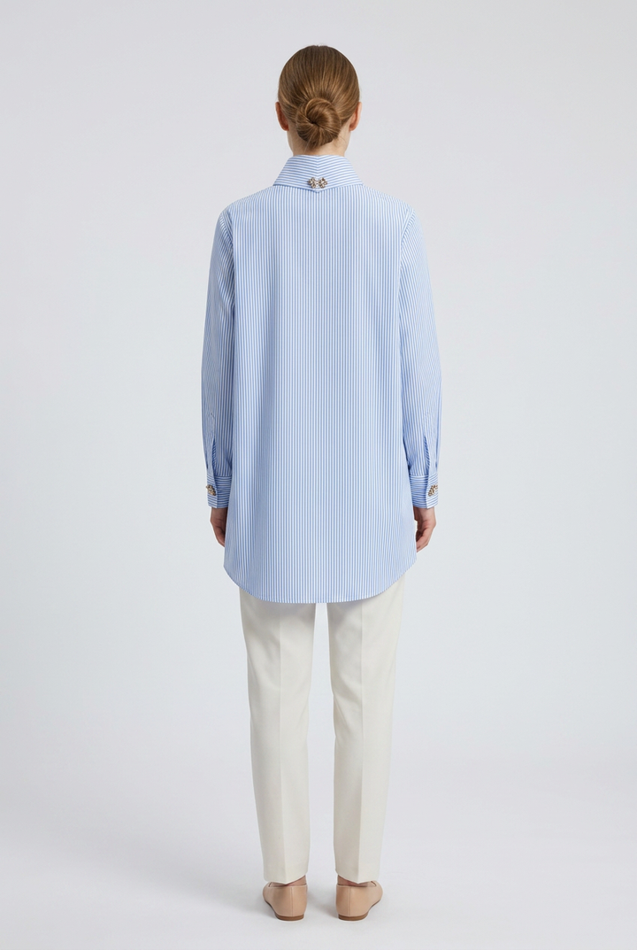 Margaux | Striped Brooch-Collar Shirt — Blue (back)