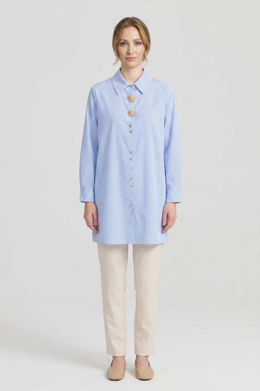 Margaux | Striped Brooch-Collar Shirt — Blue (front)