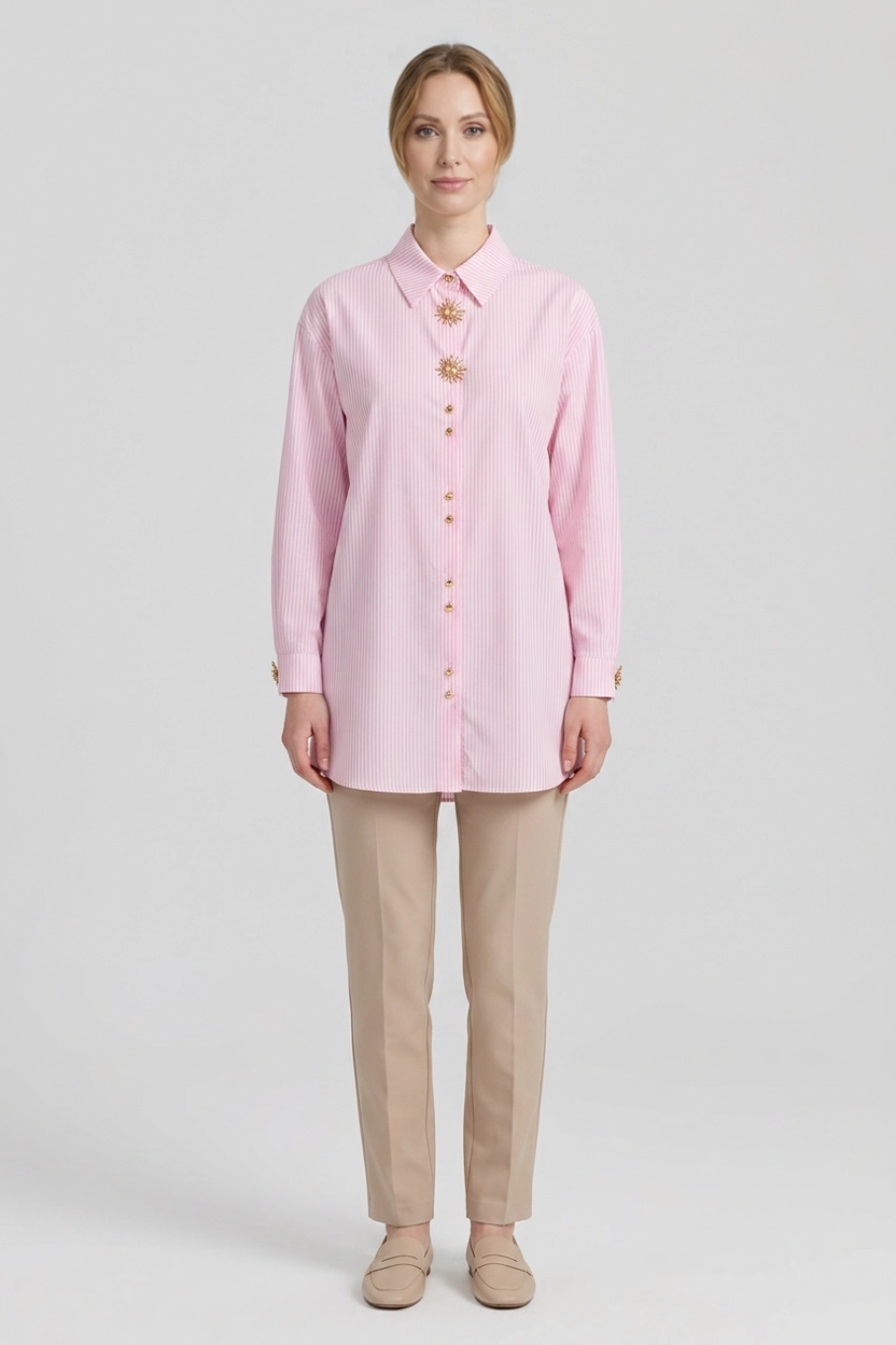 Margaux | Striped Brooch-Collar Shirt — Pink (front)
