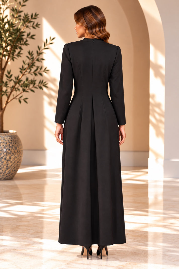 Carina | Crystal Striped Mock-Neck Evening Dress — Black (back)