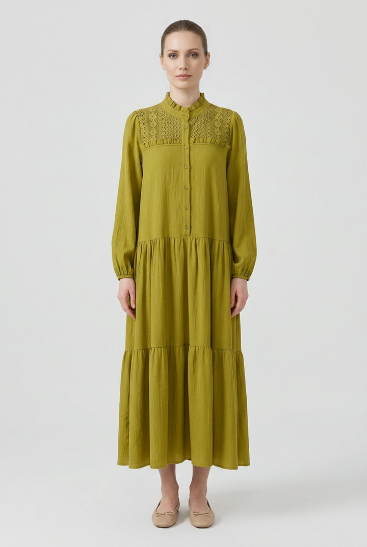 Juniper | Crochet Yoke Tiered Maxi Dress — Green (front)