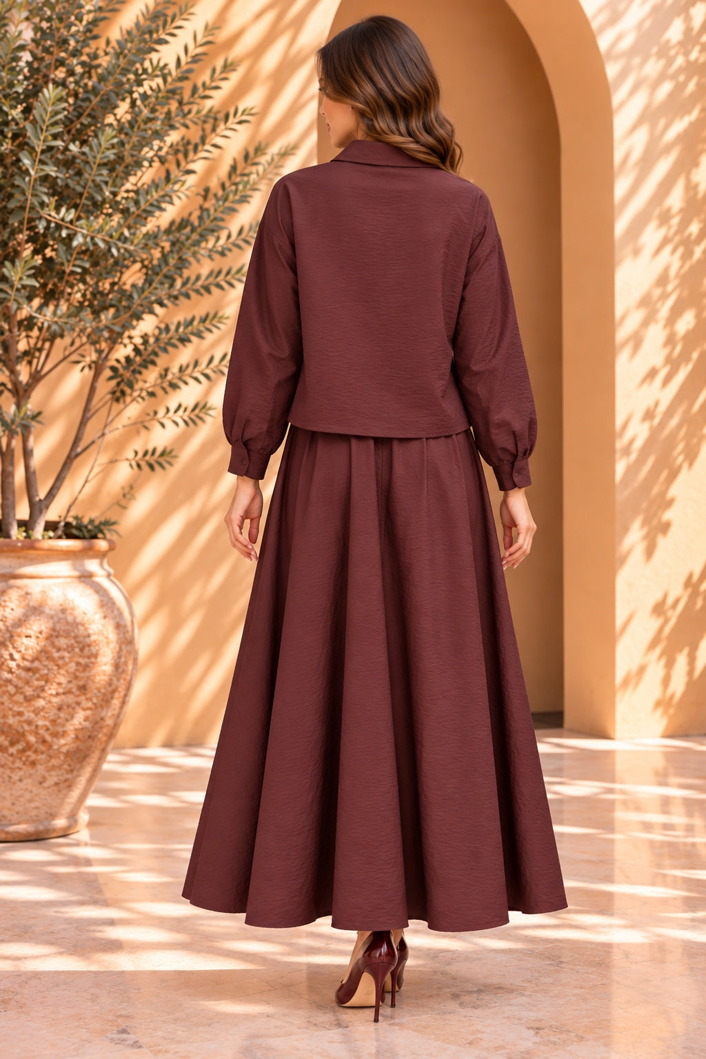 Demeter | Satin Sheen Cropped Daily Dress — Burgundy (back)