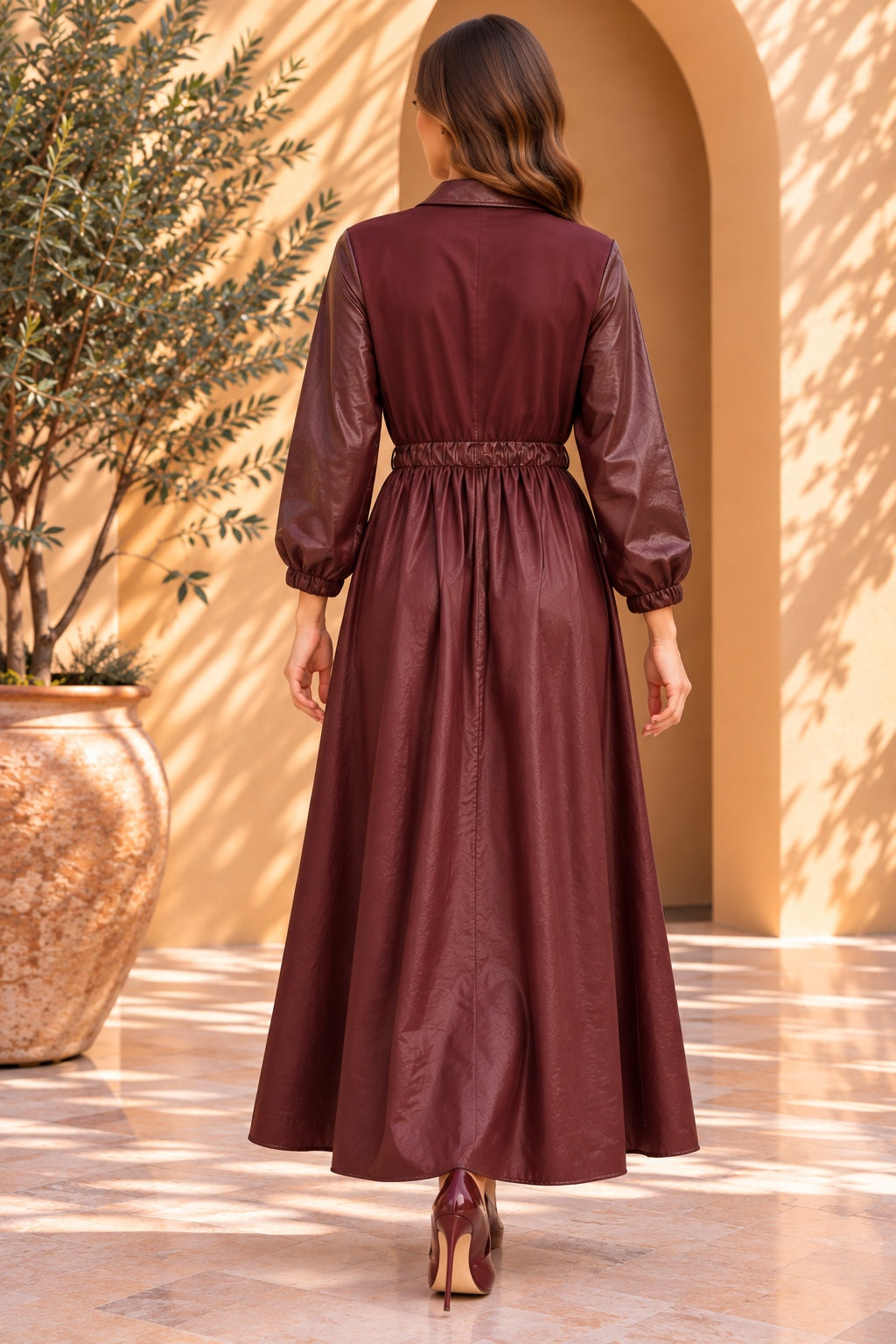 Liana | Glossy Faux Leather Utility Dress — Burgundy (back)