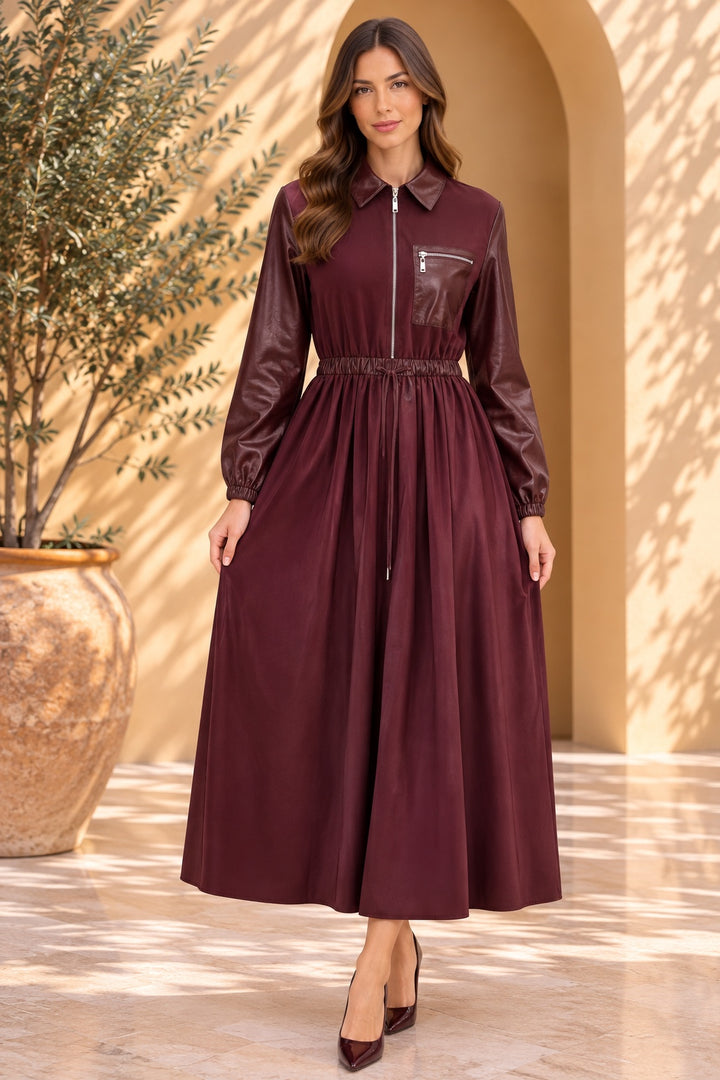 Liana | Glossy Faux Leather Utility Dress — Burgundy (front)