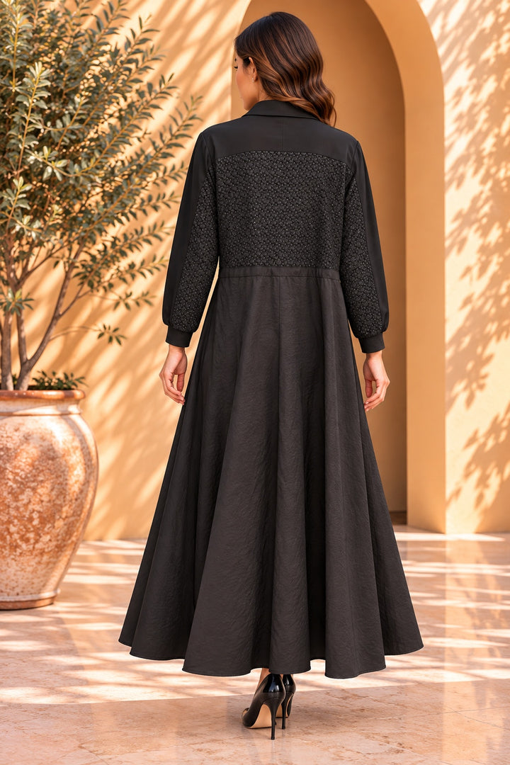 Vesna | Crystal Lace Panel Bomber Maxi Dress — Black (back)