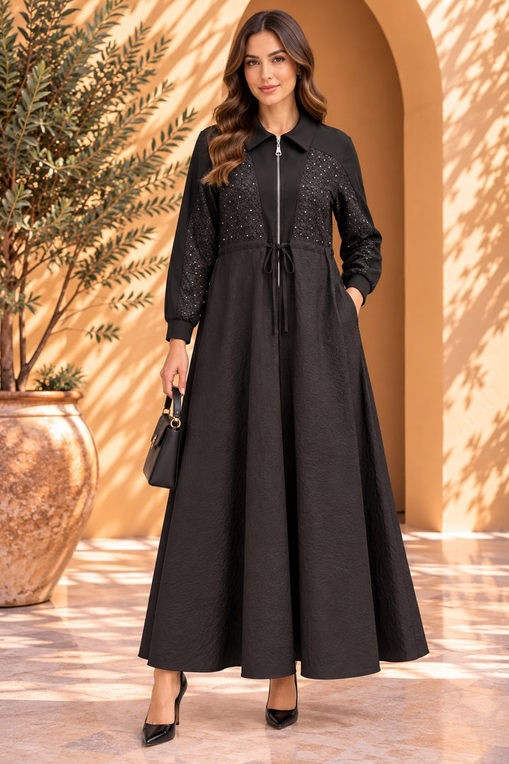 Vesna | Crystal Lace Panel Bomber Maxi Dress — Black (front)