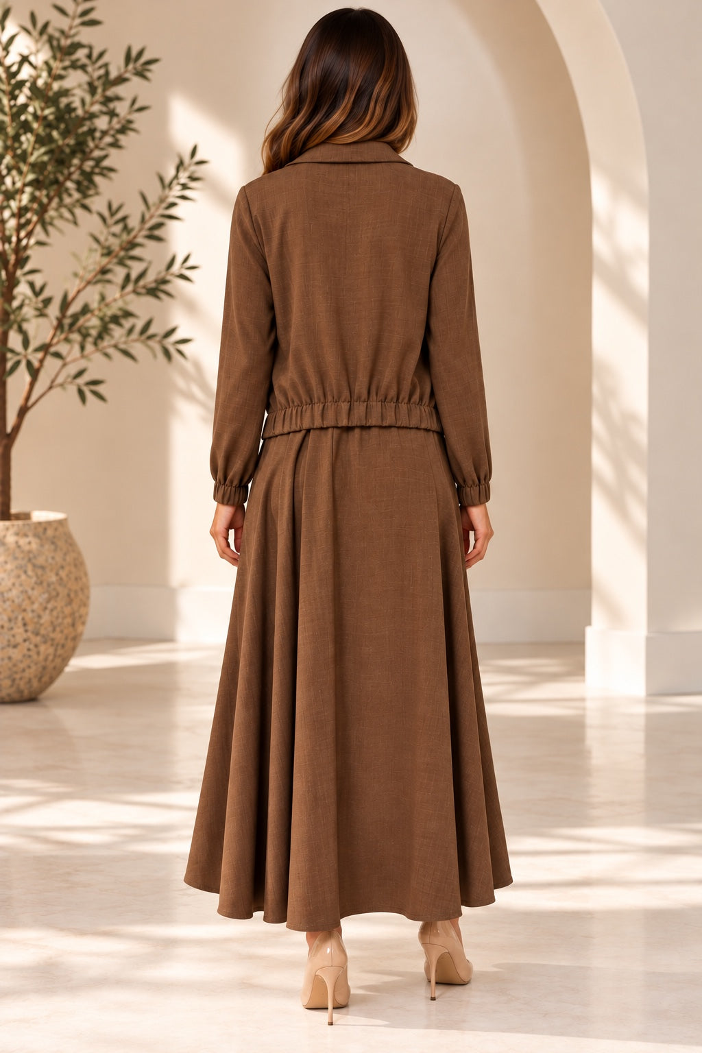 Hazel | Textured Jacket &amp; Skirt Set [CLEARANCE -60%] — Brown (back)