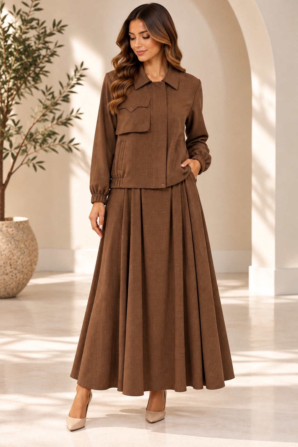 Hazel | Textured Jacket &amp; Skirt Set [CLEARANCE -60%] — Brown (front)