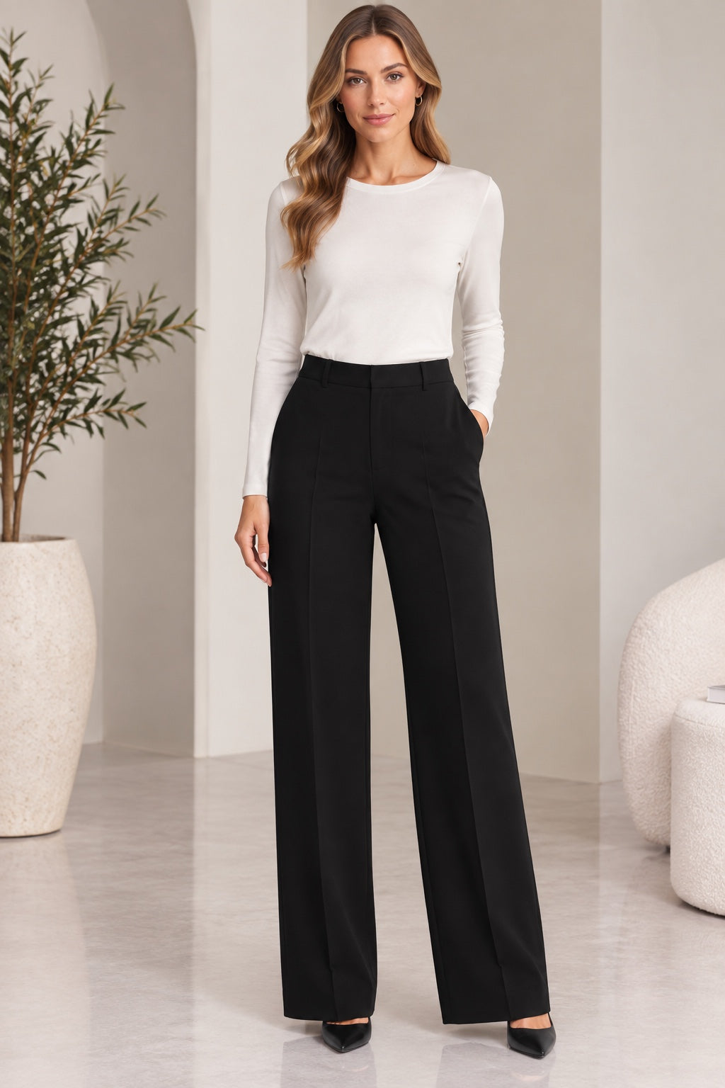 Wisteria | Elastic Waist Wide Leg Trousers [CLEARANCE -50%] — Black (front)