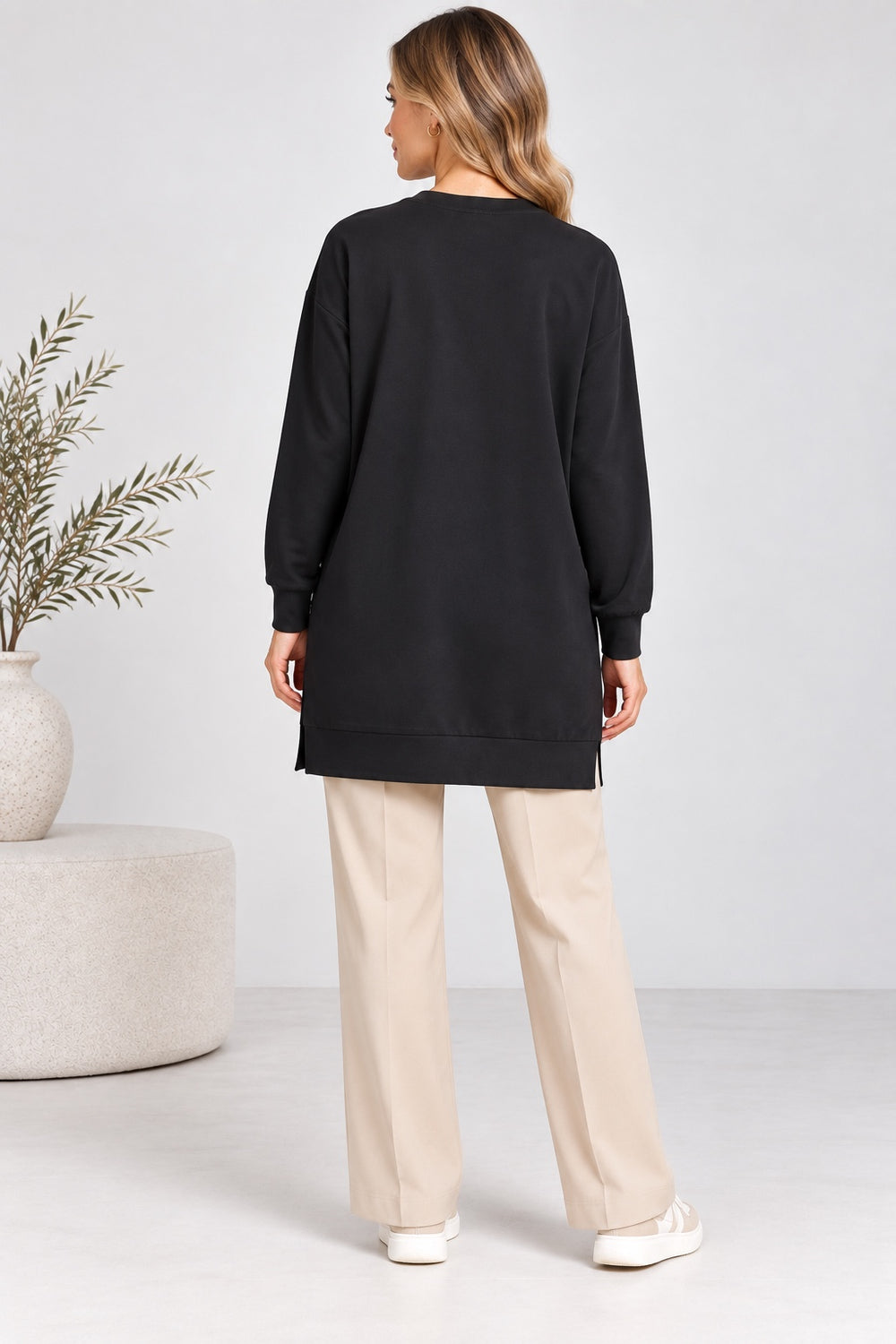 Sage | Ribbed Crewneck Jersey Tunic — Black (back)
