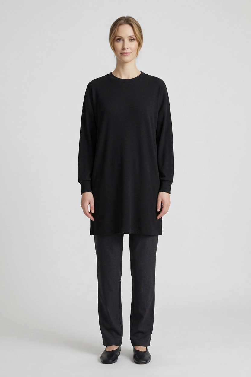 Sage | Ribbed Crewneck Jersey Tunic — Black (front)