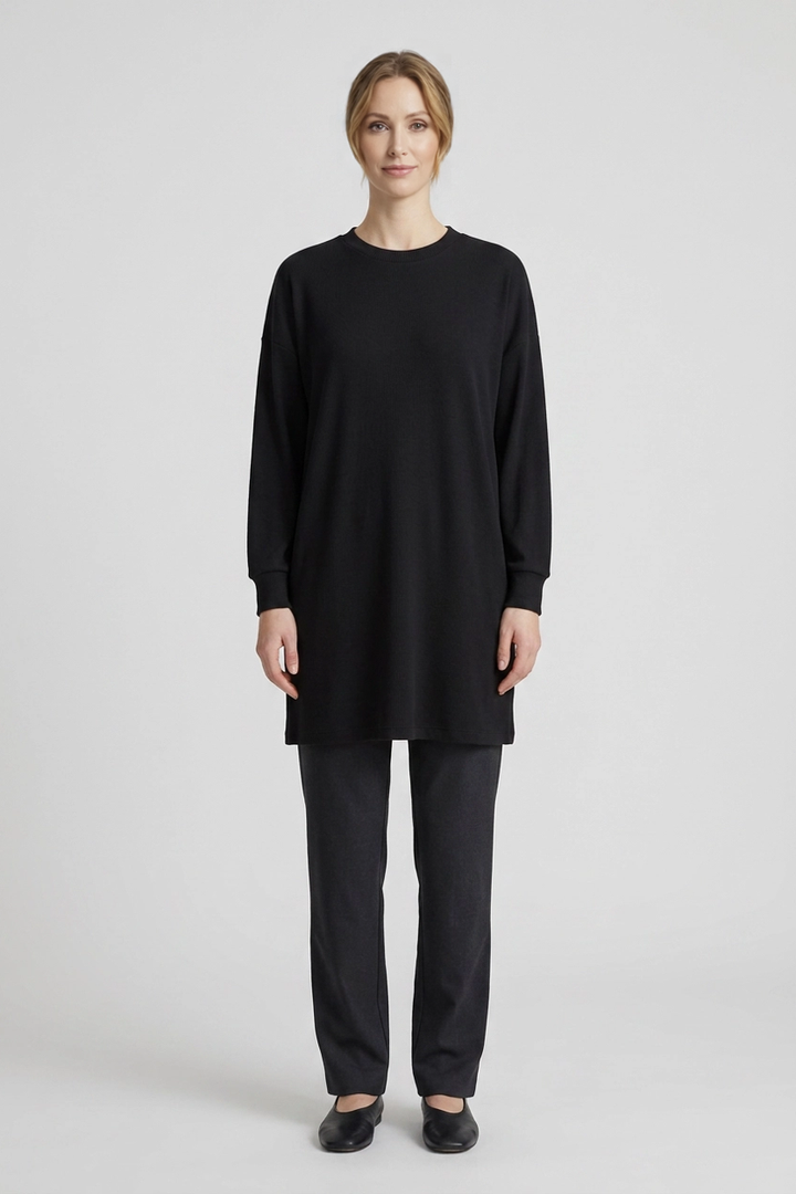 Sage | Ribbed Crewneck Jersey Tunic — Black (front)