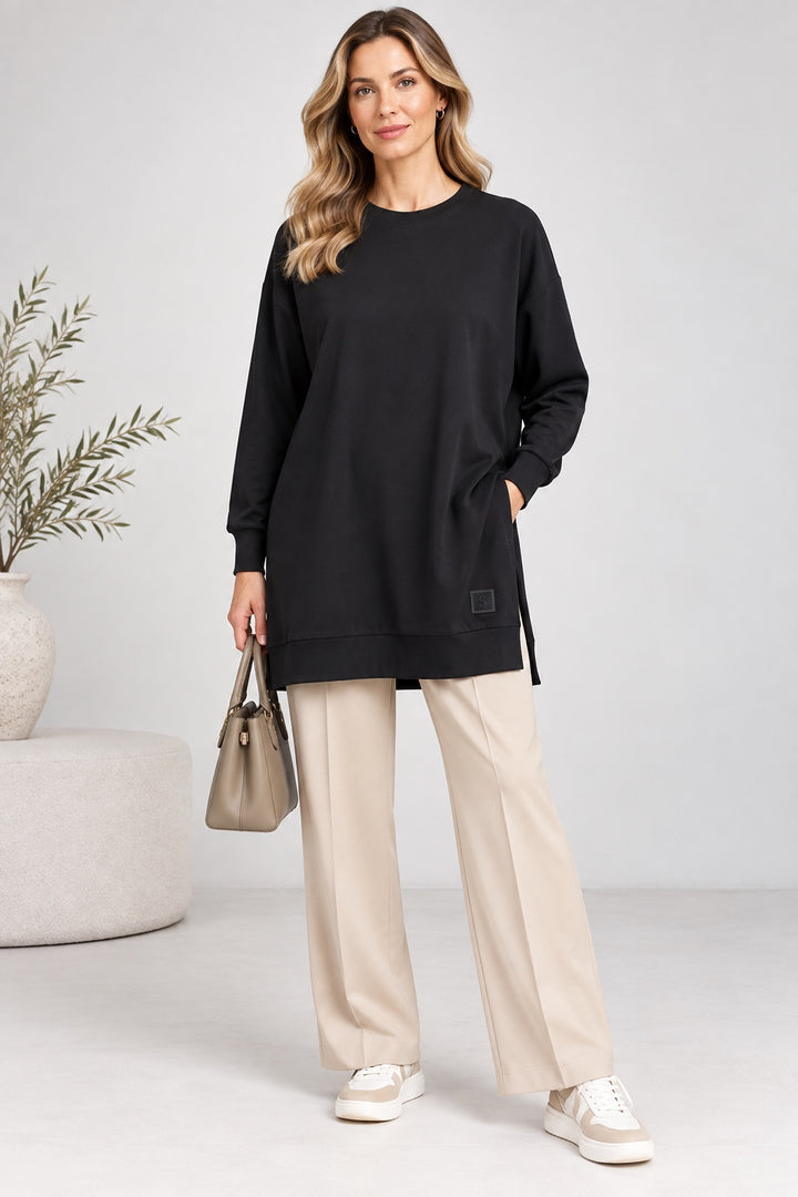 Sage | Ribbed Crewneck Jersey Tunic — Black (front)