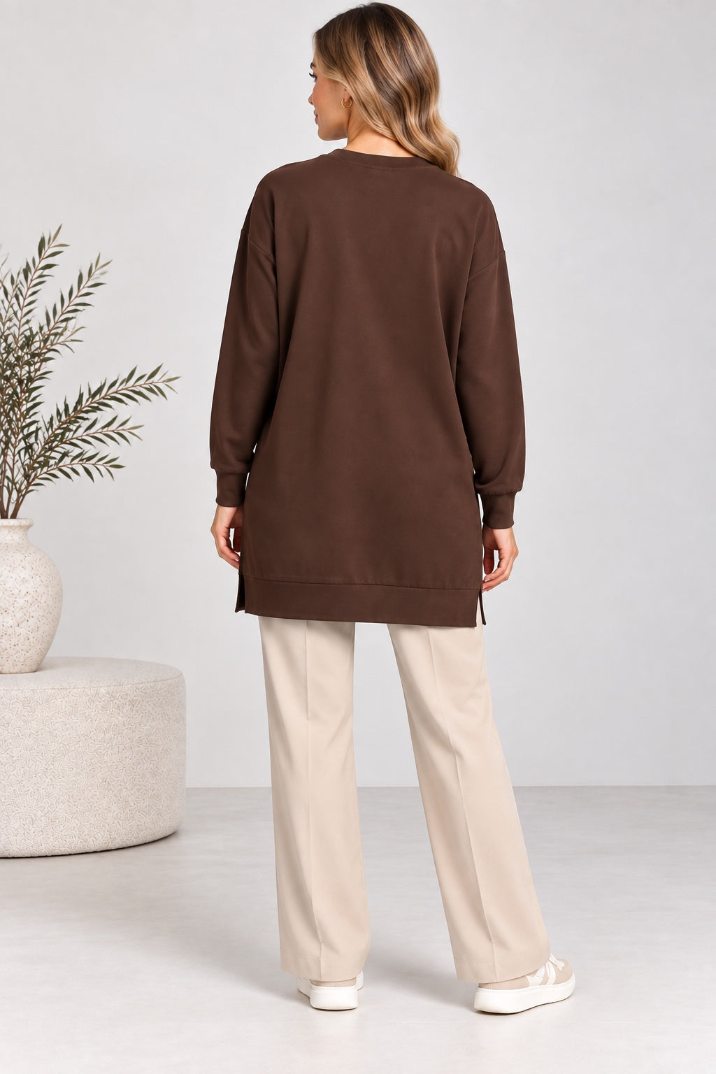 Sage | Ribbed Crewneck Jersey Tunic — Brown (back)