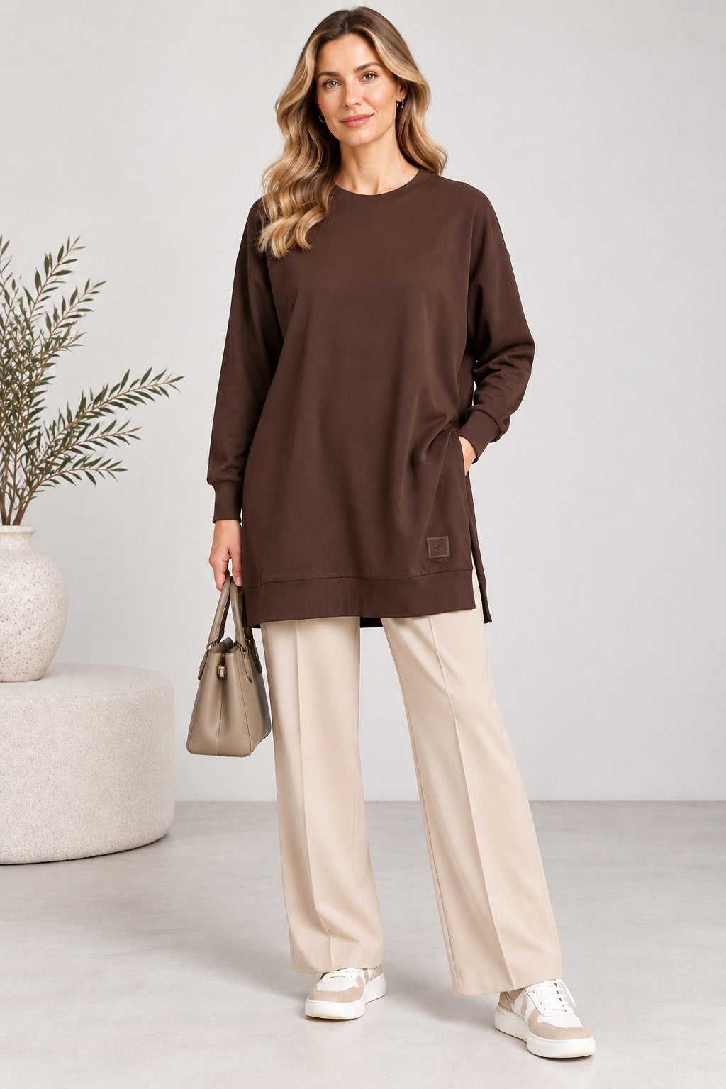 Sage | Ribbed Crewneck Jersey Tunic — Brown (front)