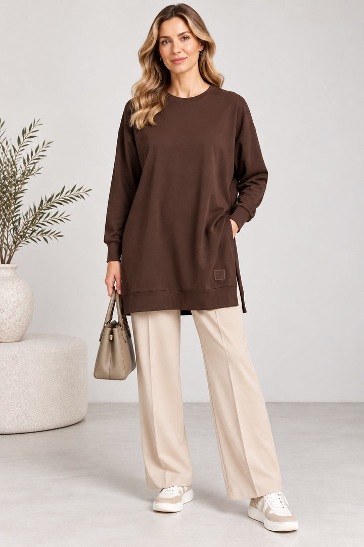 Sage | Ribbed Crewneck Jersey Tunic — Brown (front)