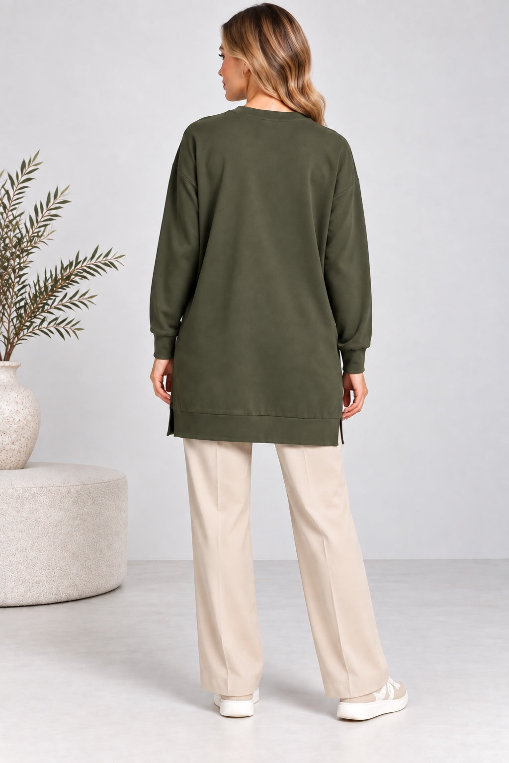 Sage | Ribbed Crewneck Jersey Tunic — Olive (back)