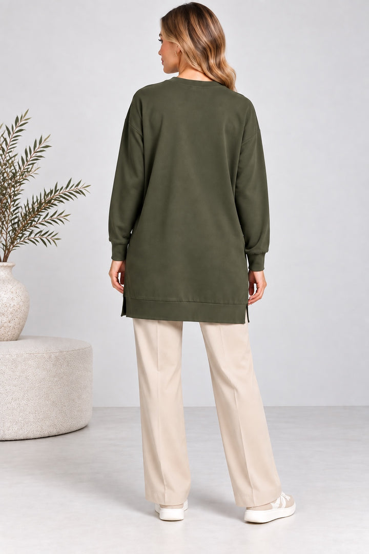 Sage | Ribbed Crewneck Jersey Tunic — Olive (back)