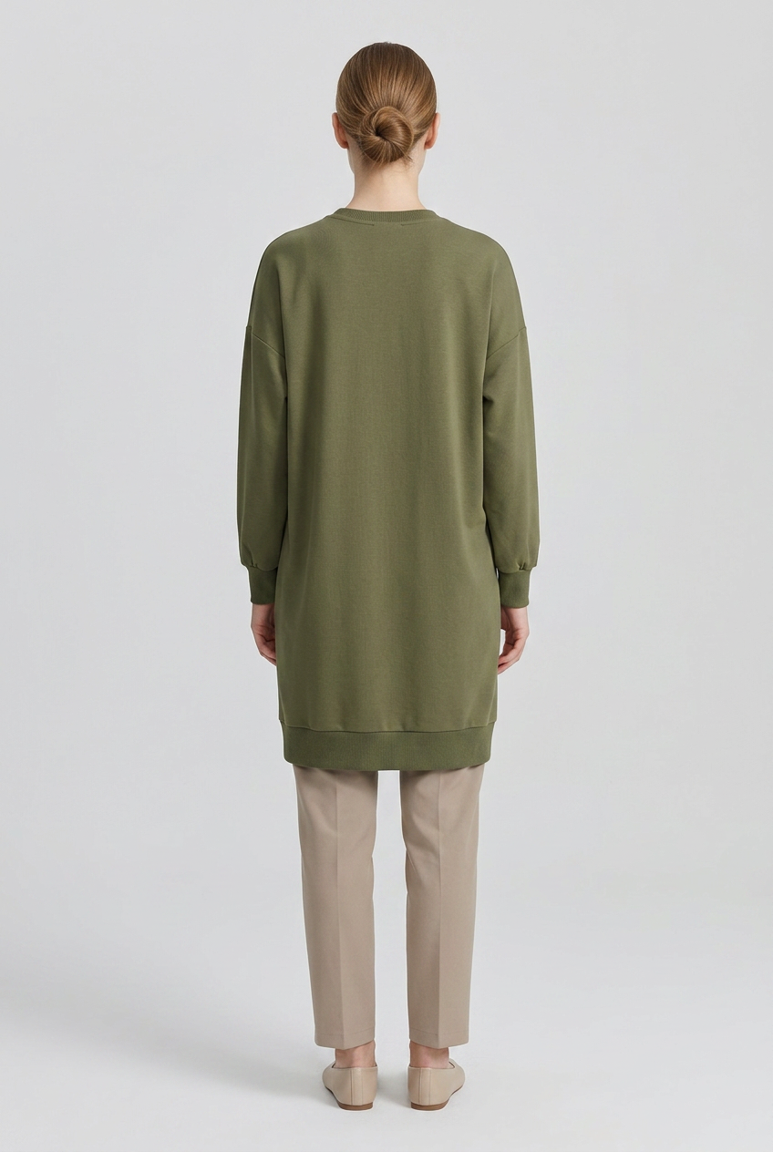 Sage | Ribbed Crewneck Jersey Tunic — Olive (back)
