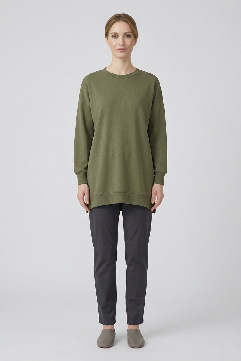 Sage | Ribbed Crewneck Jersey Tunic — Olive (front)