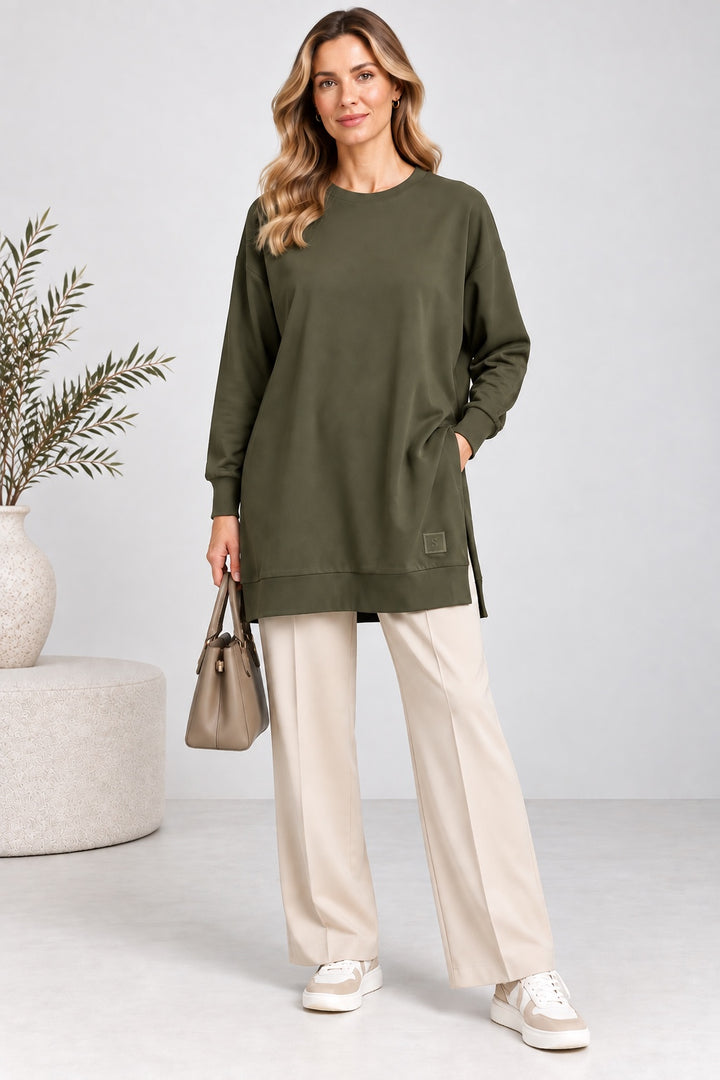 Sage | Ribbed Crewneck Jersey Tunic — Olive (front)