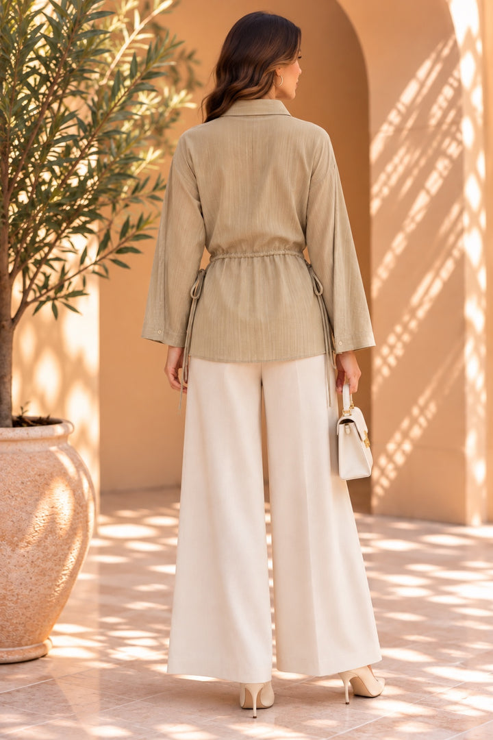Linnet | Slub Texture Mandarin Collar Shirt — Beige (back)