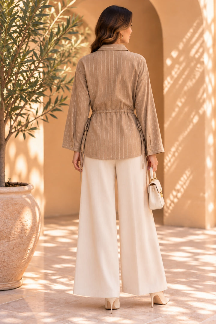 Linnet | Slub Texture Mandarin Collar Shirt — Brown (back)