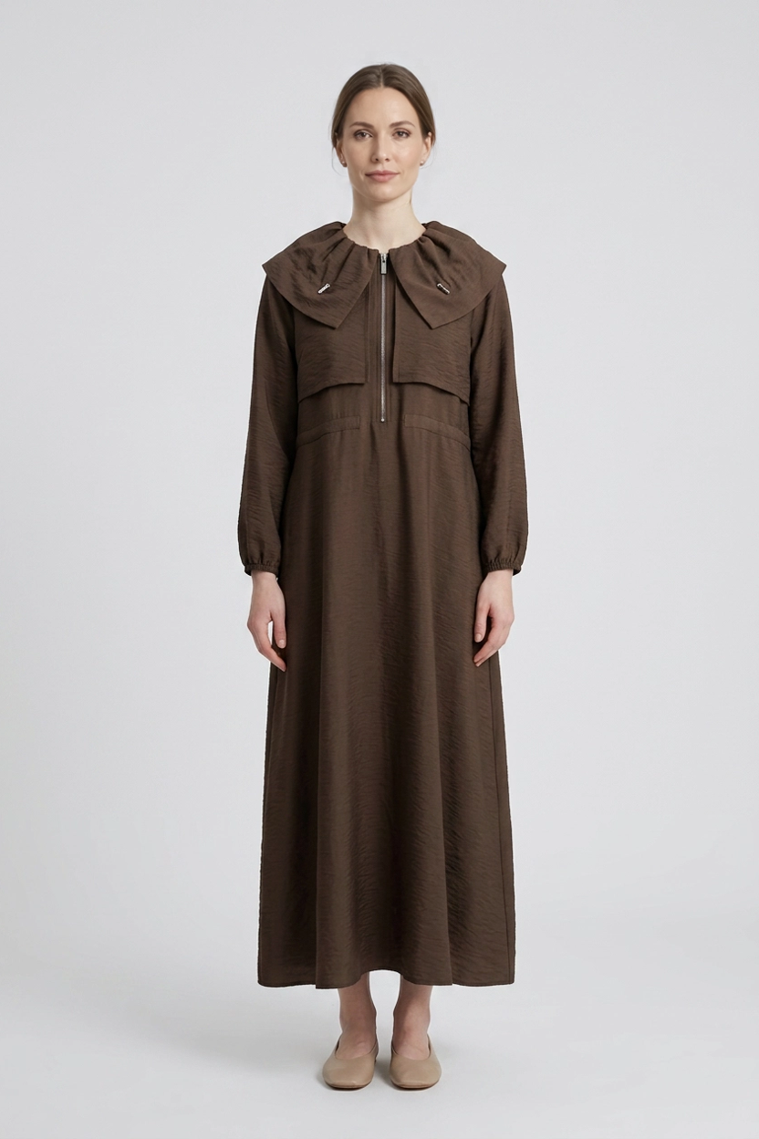 Esme | Ruffle Collar Crinkle Zip Dress — Brown (front)