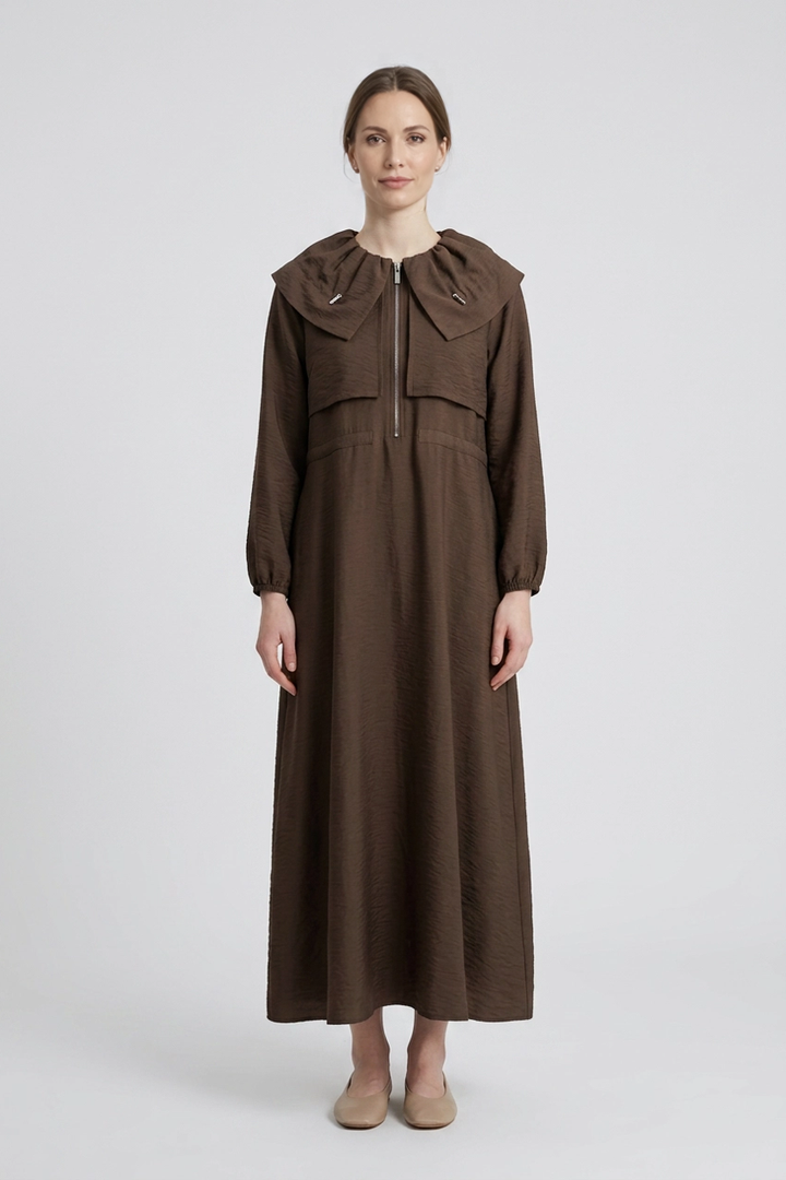 Esme | Ruffle Collar Crinkle Zip Dress — Brown (front)