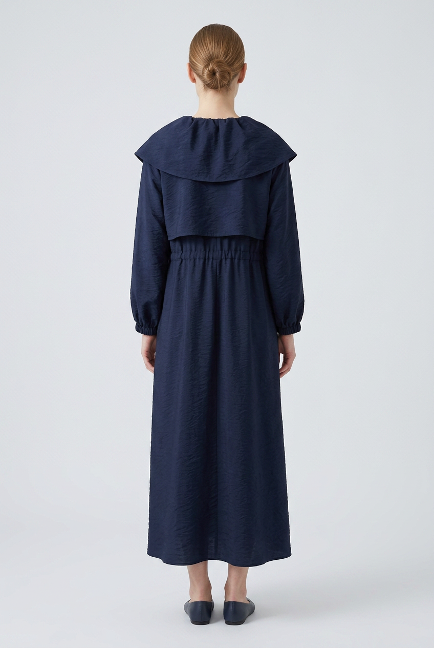 Esme | Ruffle Collar Crinkle Zip Dress — Navy (back)