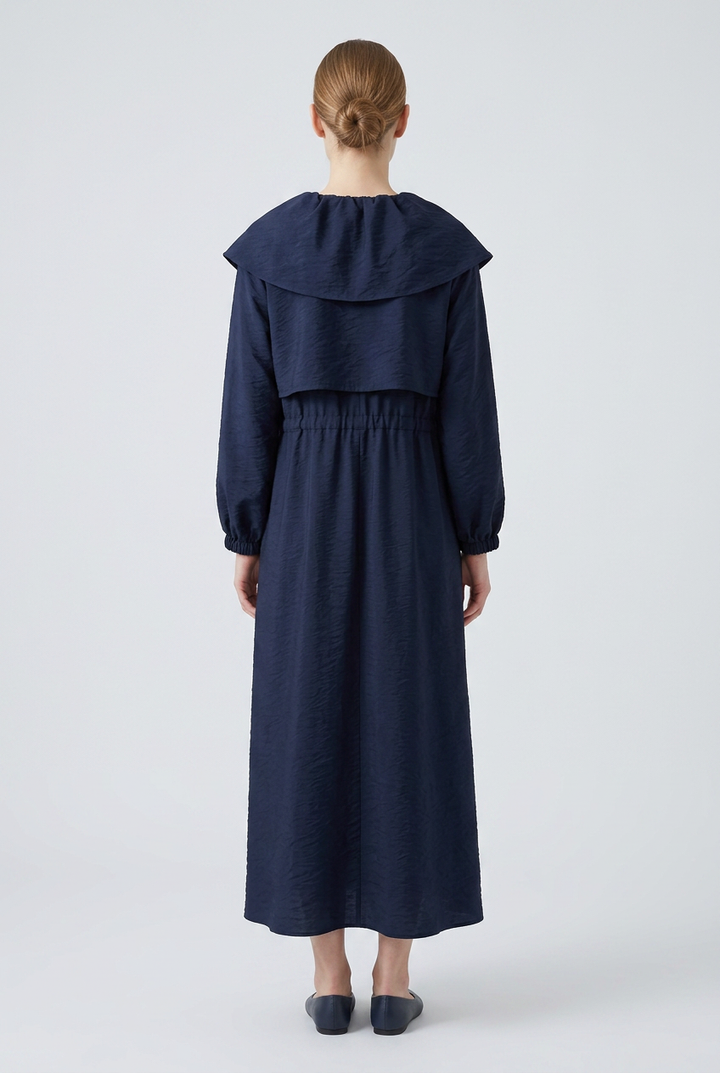 Esme | Ruffle Collar Crinkle Zip Dress — Navy (back)
