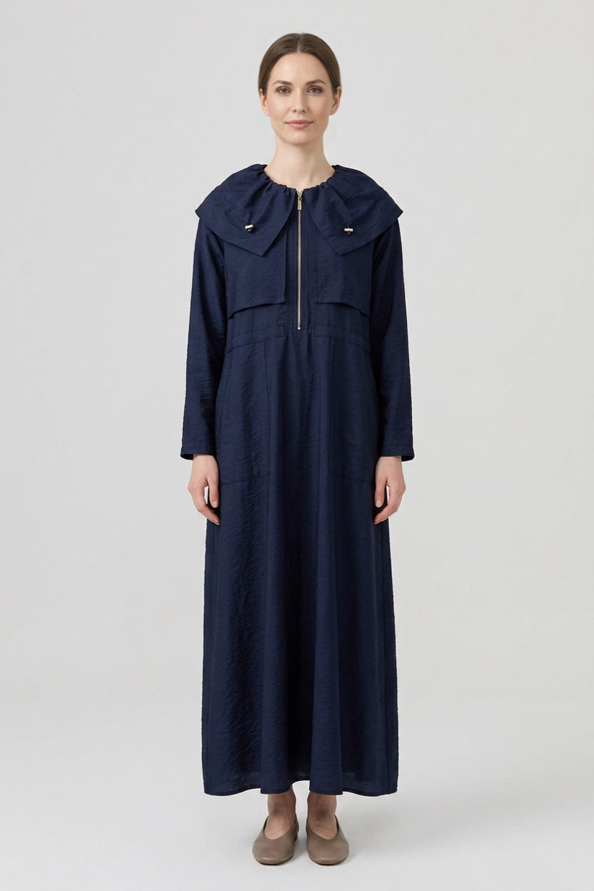 Esme | Ruffle Collar Crinkle Zip Dress — Navy (front)
