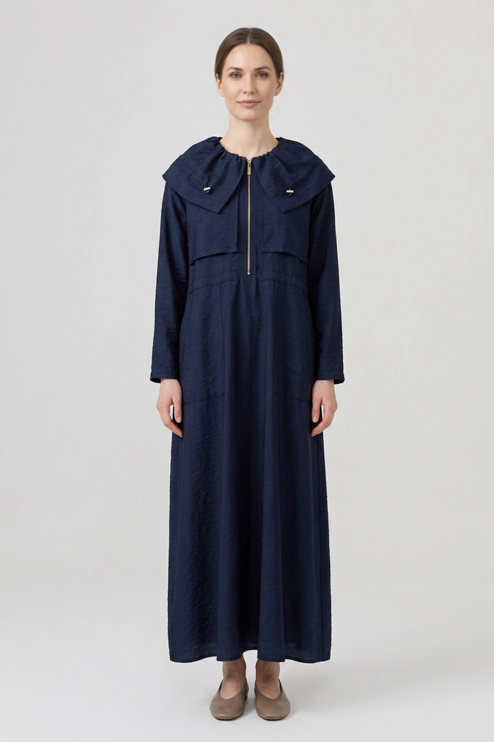 Esme | Ruffle Collar Crinkle Zip Dress — Navy (front)