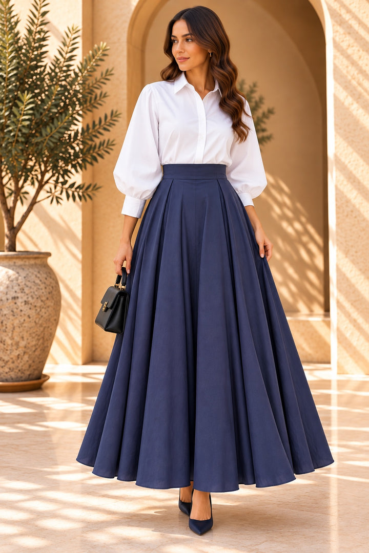 Aegean | Flared Maxi Skirt — Navy (front)