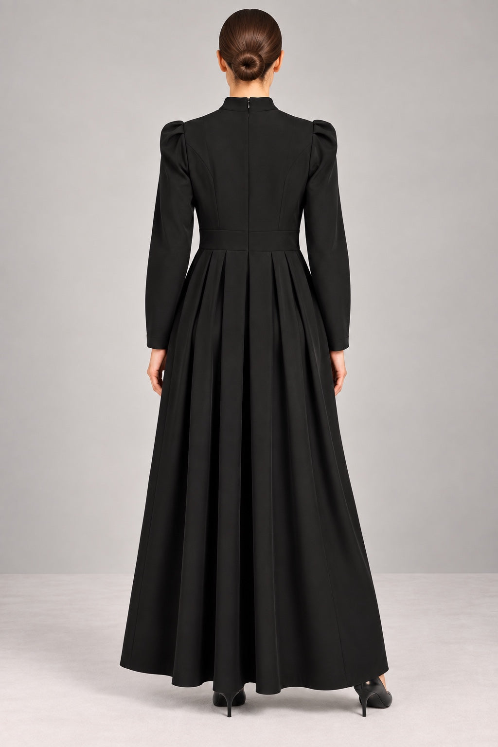 Nora | Pleated Crepe Midi Dress — Black (back)