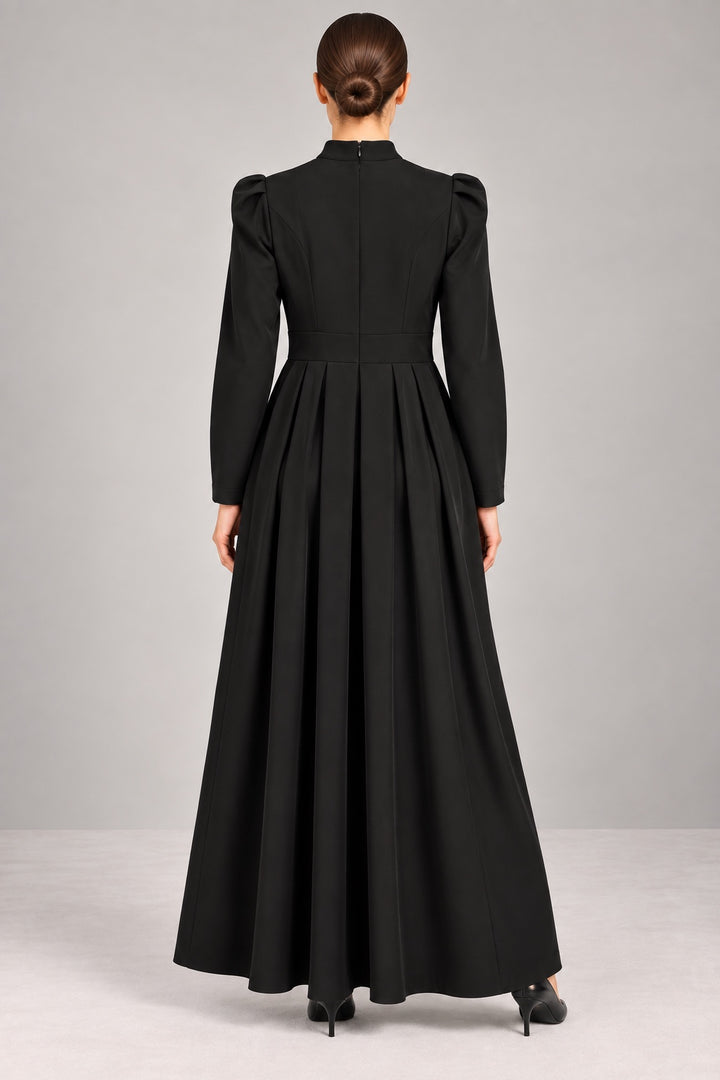 Nora | Pleated Crepe Midi Dress — Black (back)