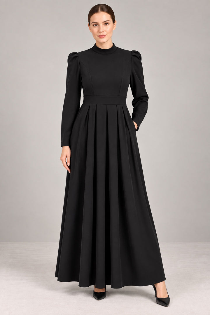 Nora | Pleated Crepe Midi Dress — Black (front)