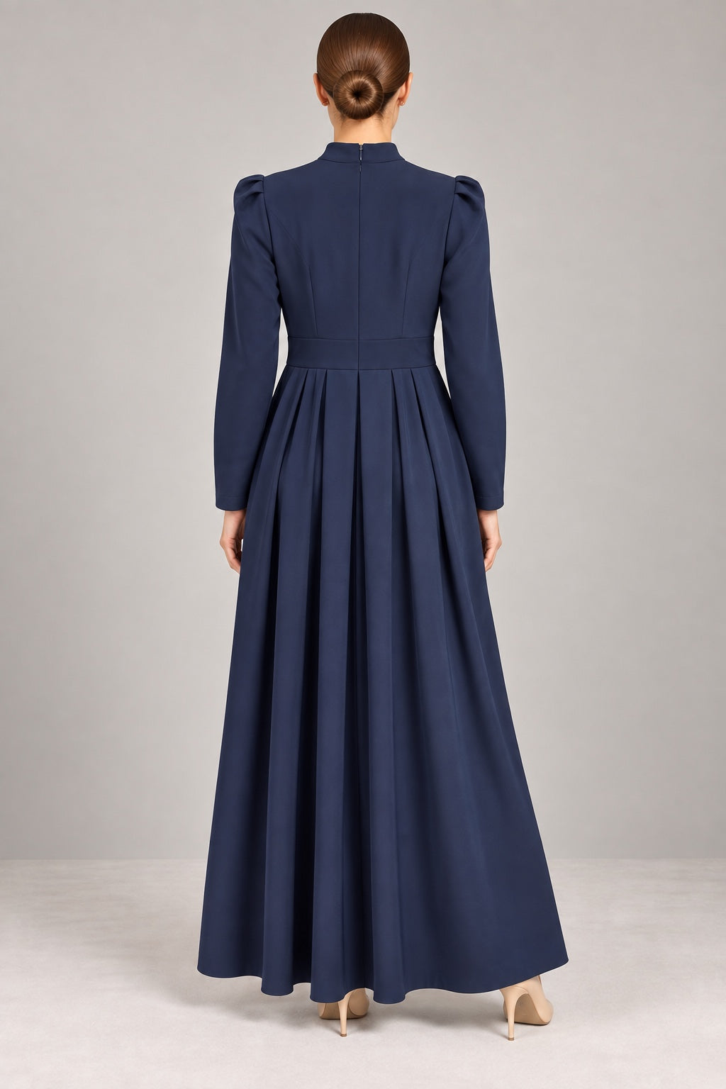 Nora | Pleated Crepe Midi Dress — Navy (back)
