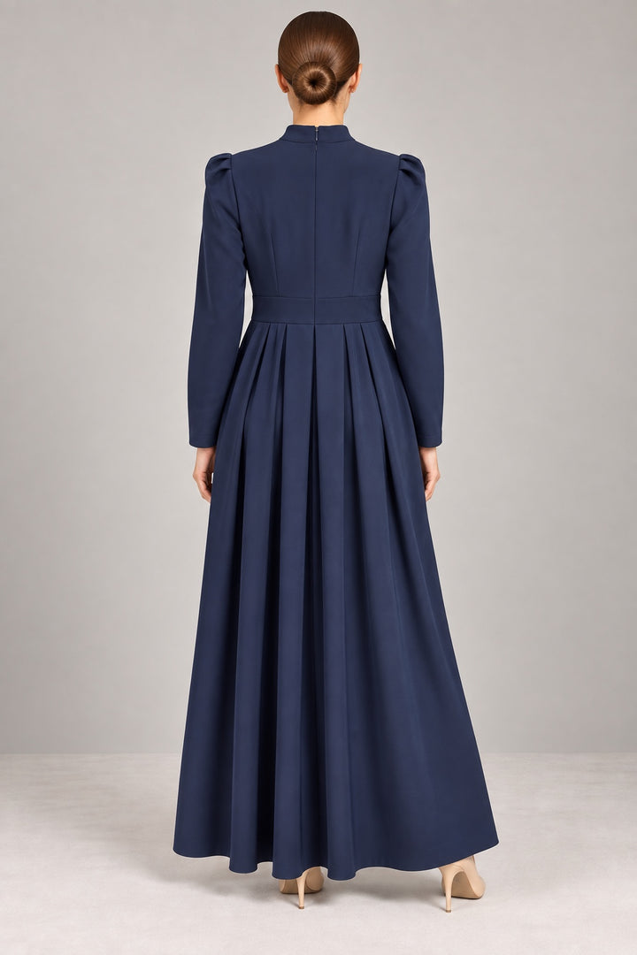 Nora | Pleated Crepe Midi Dress — Navy (back)