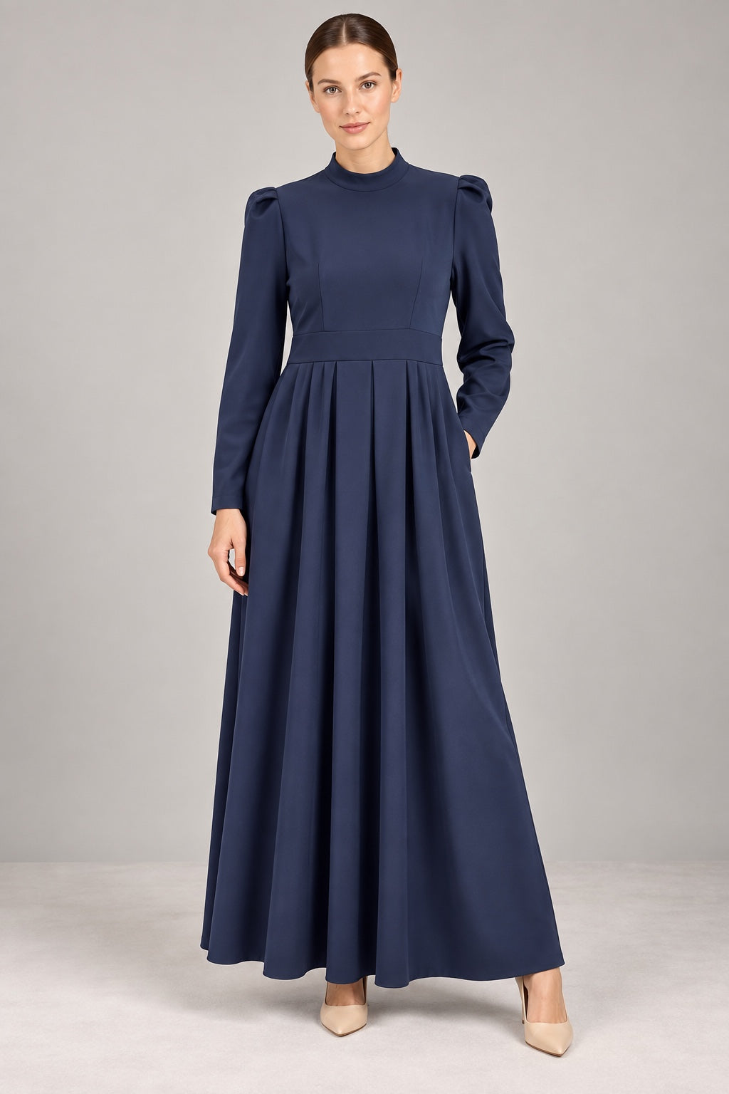 Nora | Pleated Crepe Midi Dress — Navy (front)
