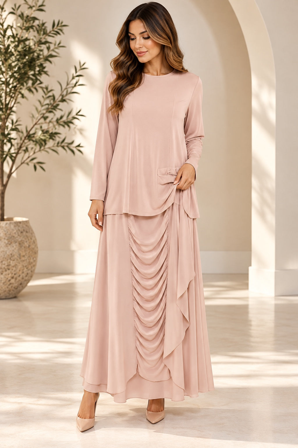 Calla | Ruched Detail Skirt Set [CLEARANCE -60%] — Pink (front)
